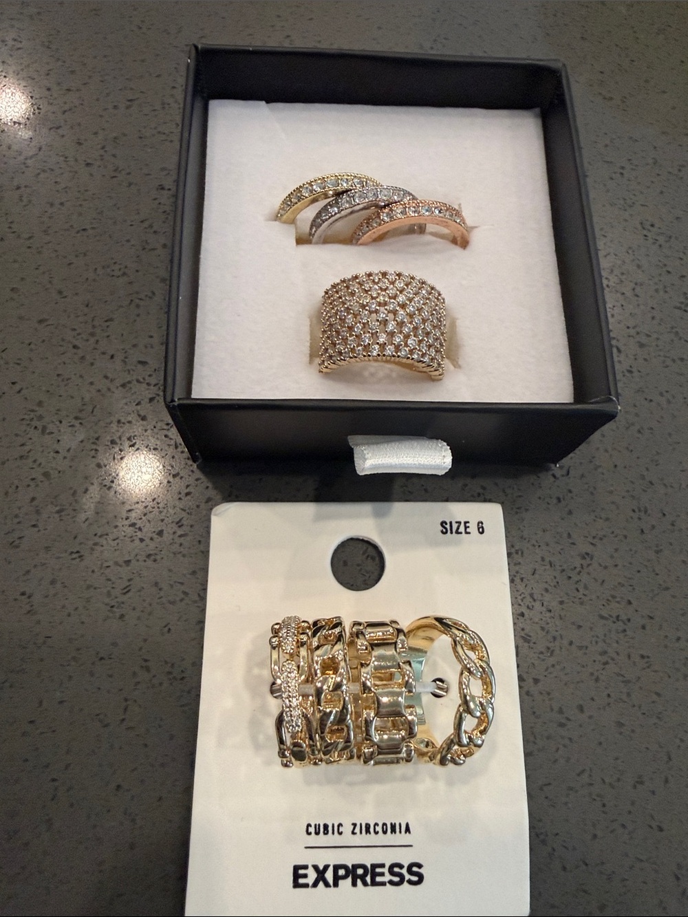 New express gold rings size 6 chain pave